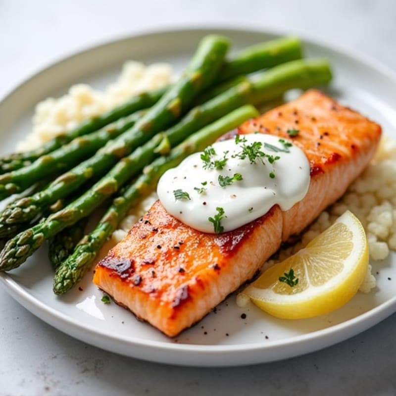 Seared Salmon with Steamed Asparagus and Cauliflower Mash