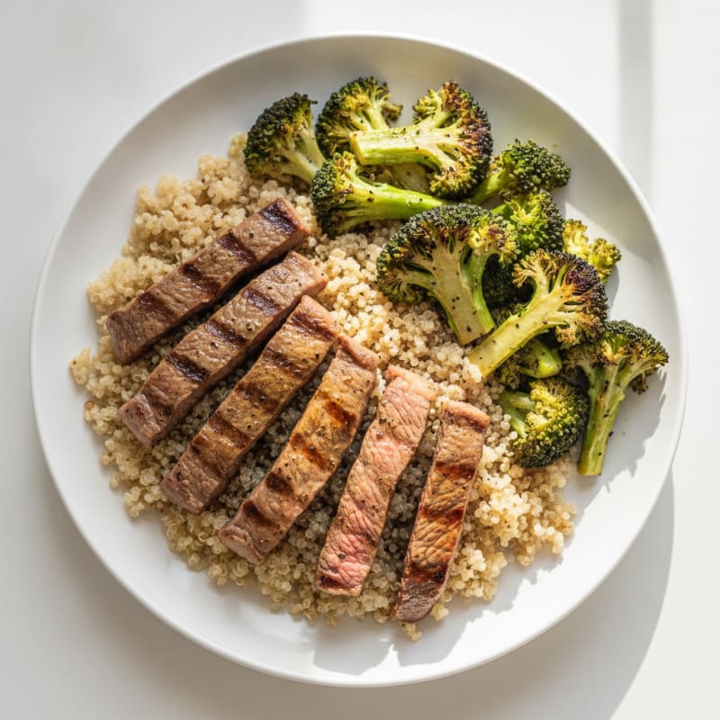 Grilled Beef Steak Strips with Roasted Broccoli and Quinoa