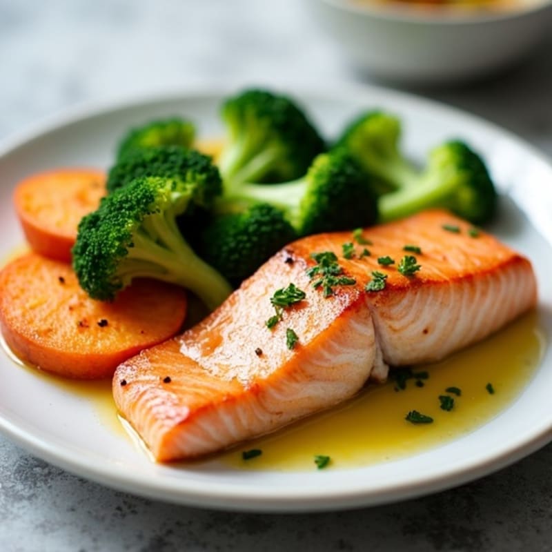 Seared Salmon with Roasted Sweet Potato and Steamed Broccoli