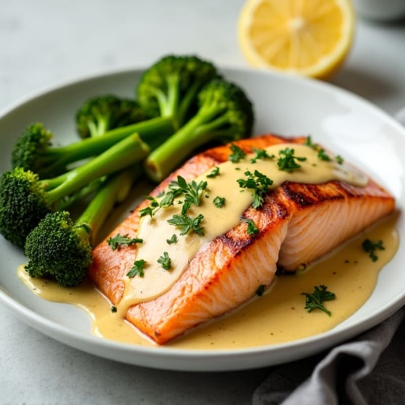 Seared Salmon with Roasted Broccoli and Lemon Tahini Drizzle