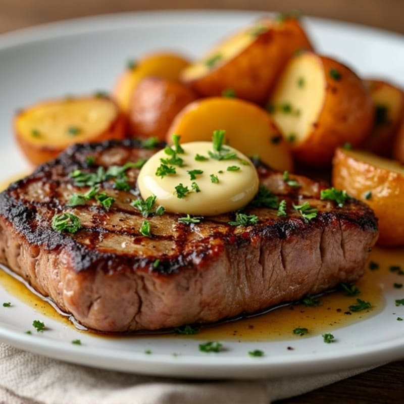 Pan-Seared Garlic Butter Steak with Crispy Roasted Potatoes