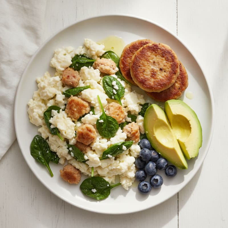Egg White and Turkey Sausage Scramble with Sautéed Spinach