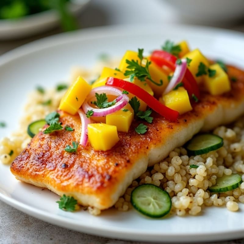 Crispy Pan-Seared Halibut with Zesty Mango Salsa and Cilantro Lime Quinoa