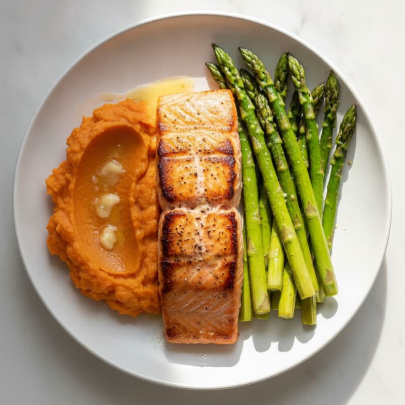 Seared Salmon with Roasted Asparagus and Sweet Potato Mash