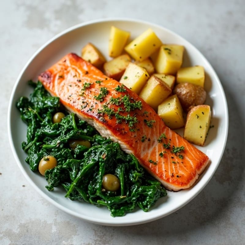 Seared Salmon with Garlic Spinach and Herb Potatoes