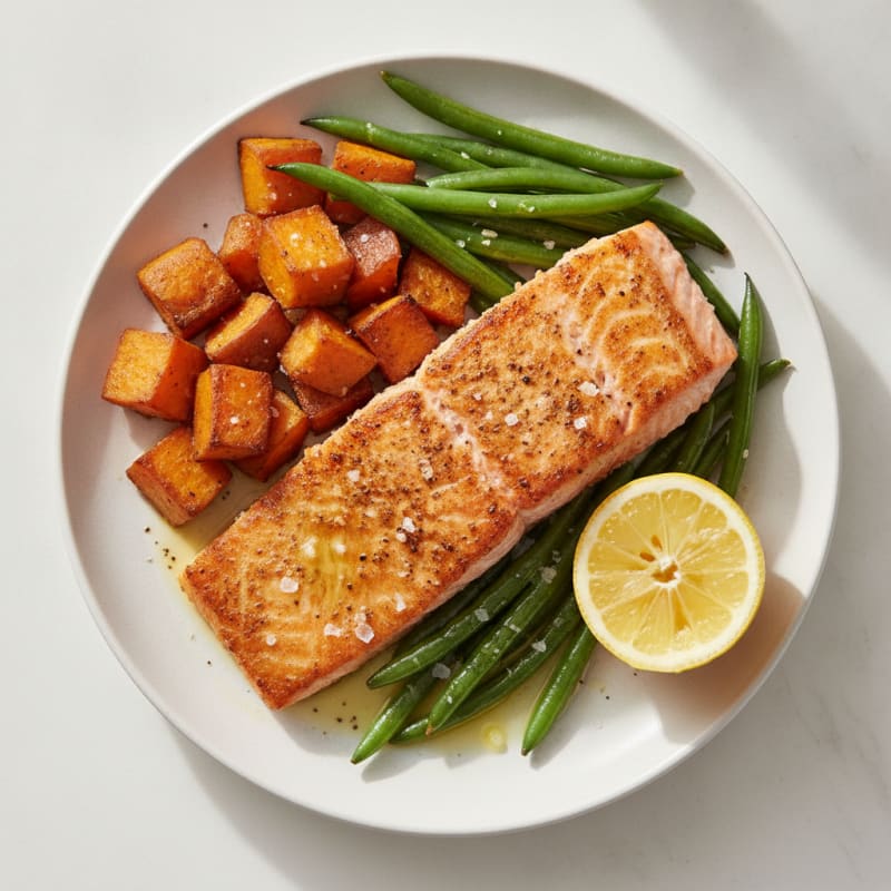 Pan Seared Salmon with Roasted Sweet Potato and Green Beans