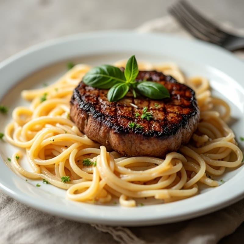 Pan-Seared Steak with Creamy Garlic Whole Wheat Fettuccine