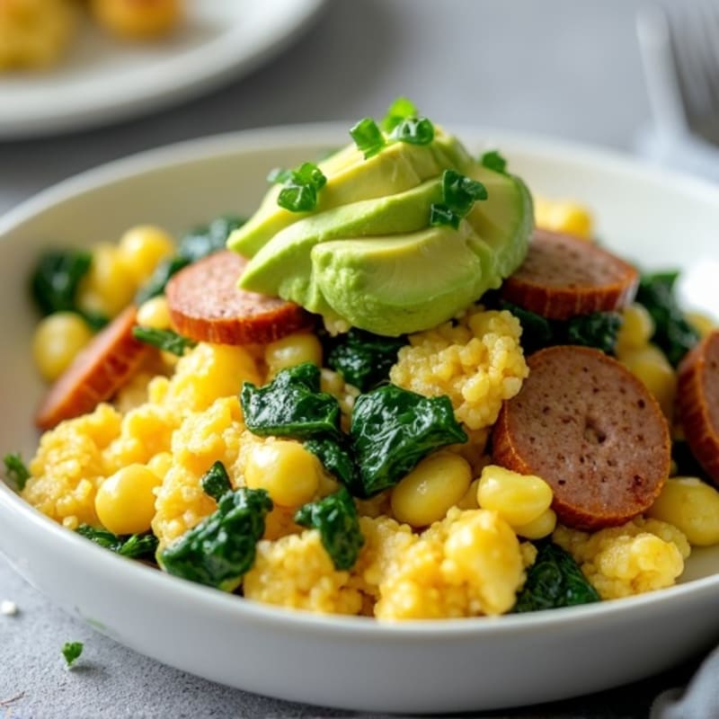 Egg White Scramble with Chicken Sausage and Spinach