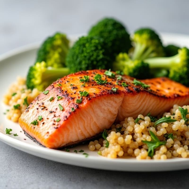Seared Salmon with Steamed Broccoli and Garlic Quinoa