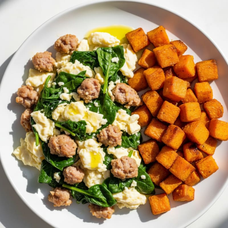 Egg White Scramble with Turkey Sausage and Sautéed Spinach