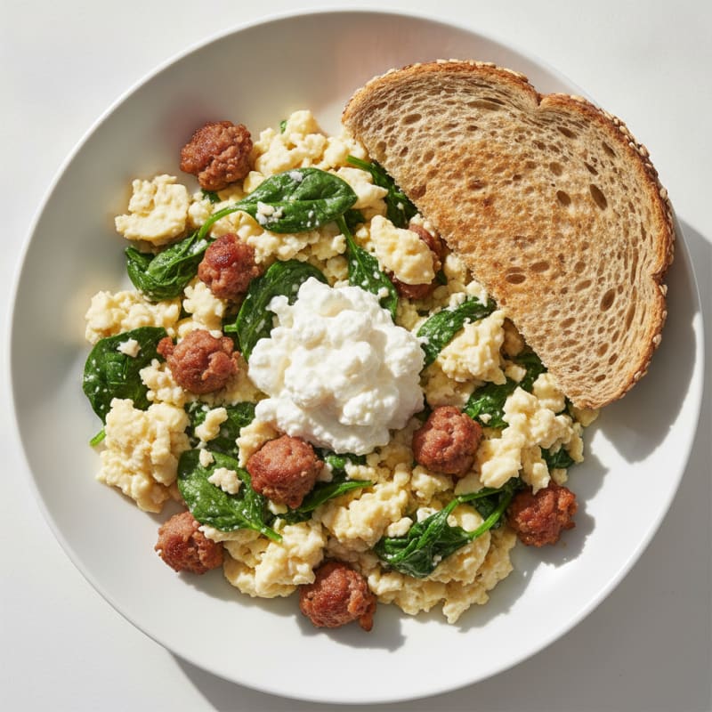 Egg White and Spinach Scramble with Cottage Cheese and Turkey Sausage