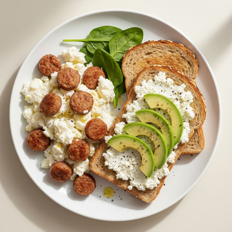 Egg White Scramble with Turkey Sausage and Cottage Cheese Toast