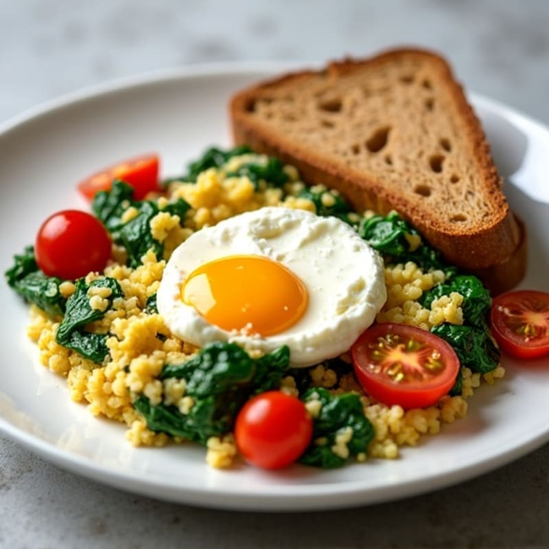 Egg White Spinach Scramble with Cottage Cheese and Cherry Tomatoes