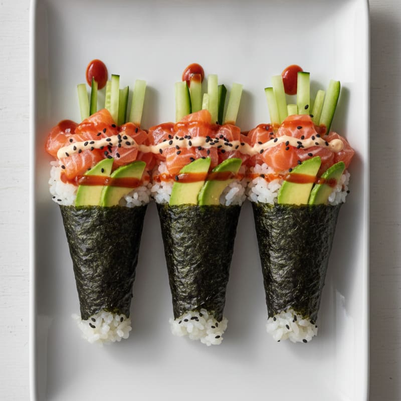 Spicy Salmon Cucumber Avocado Hand Rolls
