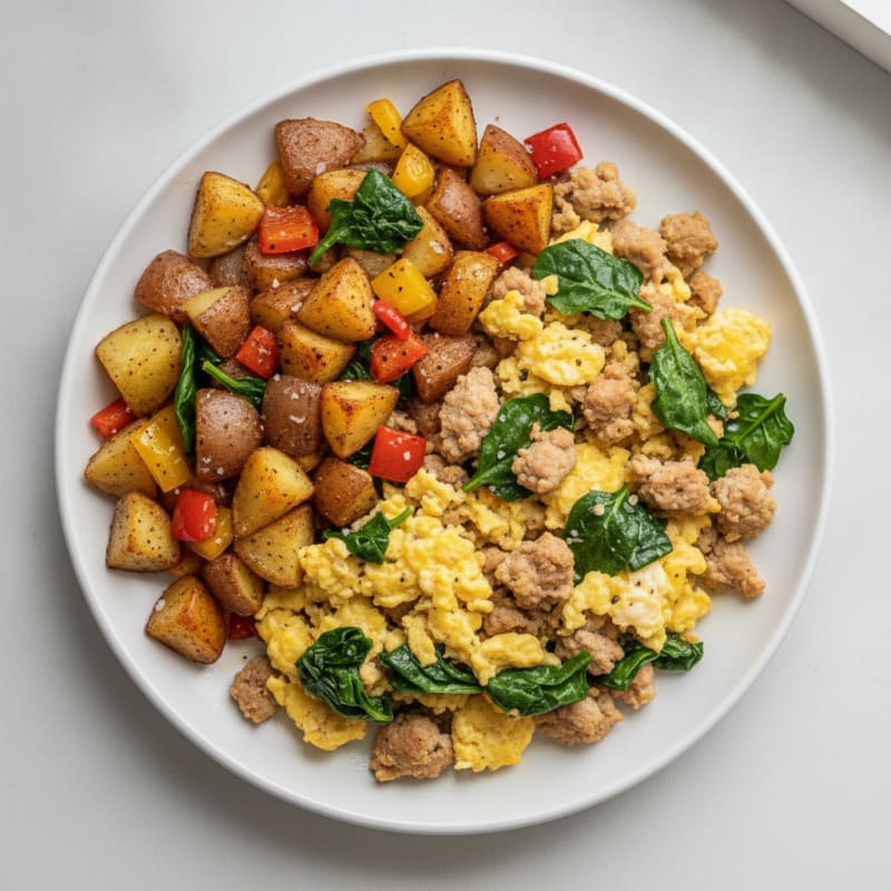 Hearty Scrambled Eggs with Roasted Potatoes and Ground Turkey