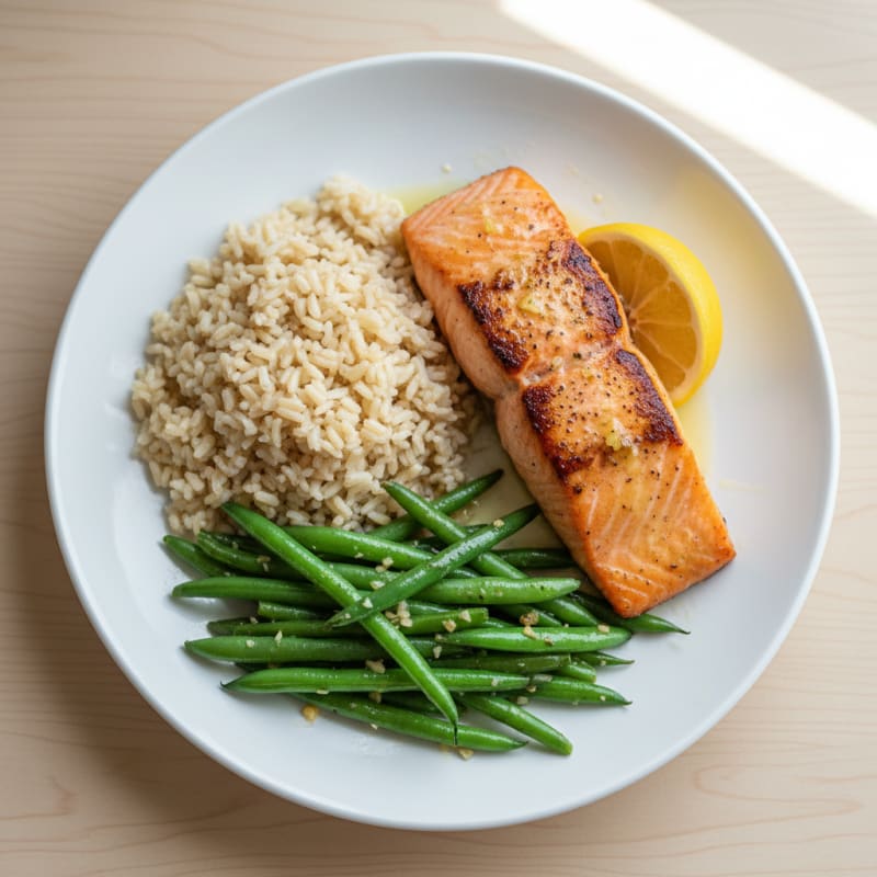 Seared Salmon with Garlic Green Beans and Brown Rice