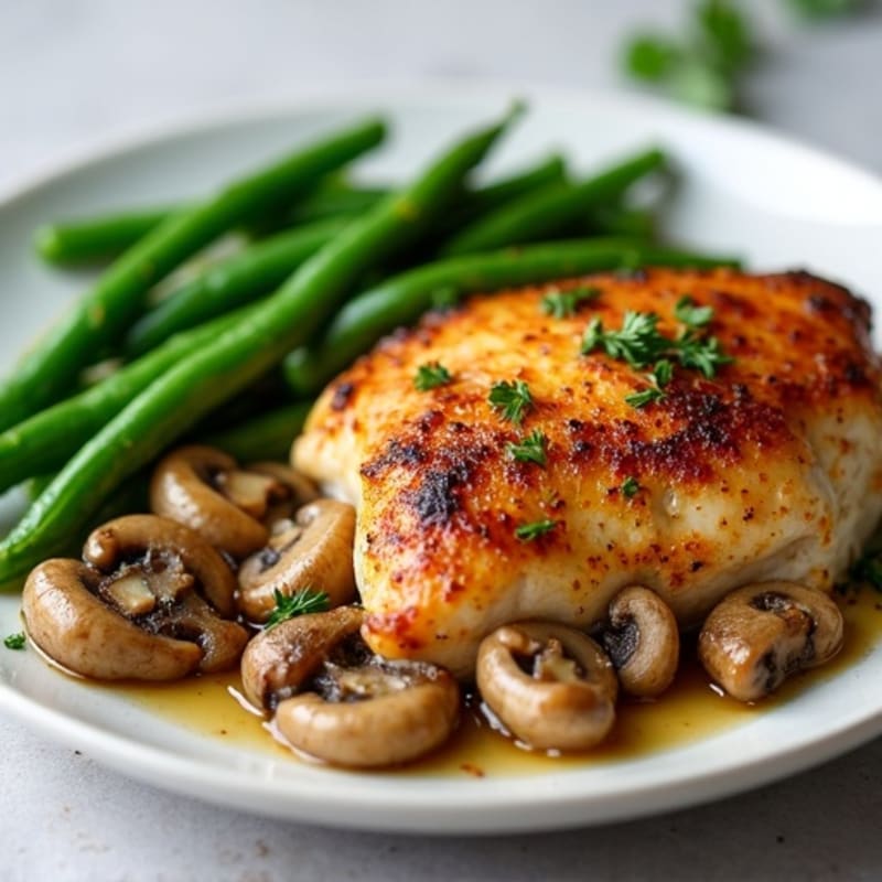 Roasted Chicken with Savory Garlic Butter Mushrooms and Crispy Green Beans