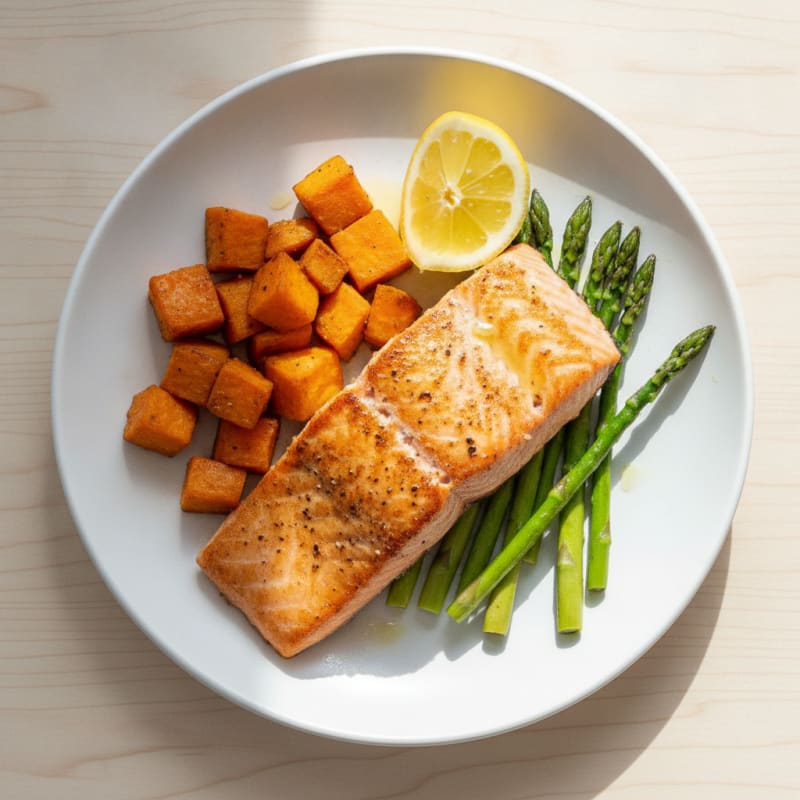 Seared Salmon Fillet with Roasted Sweet Potato and Asparagus
