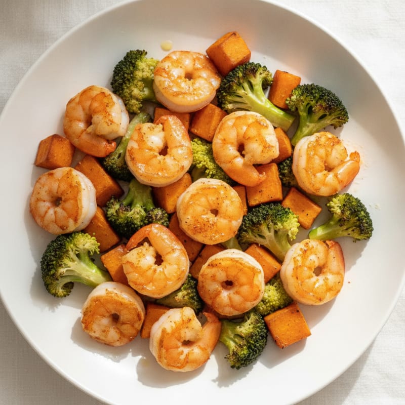 Seared Shrimp with Roasted Broccoli and Sweet Potato