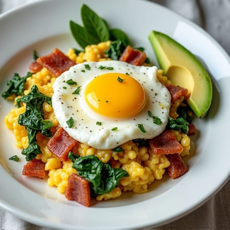 Egg White and Cottage Cheese Scramble with Spinach and Turkey Bacon