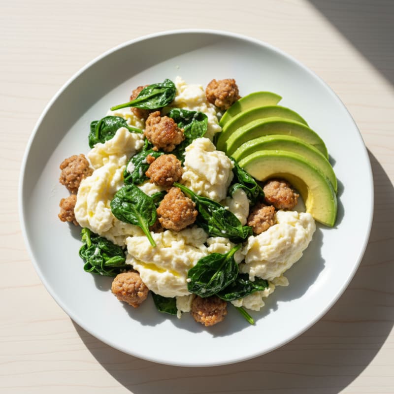 Egg White and Spinach Scramble with Turkey Sausage