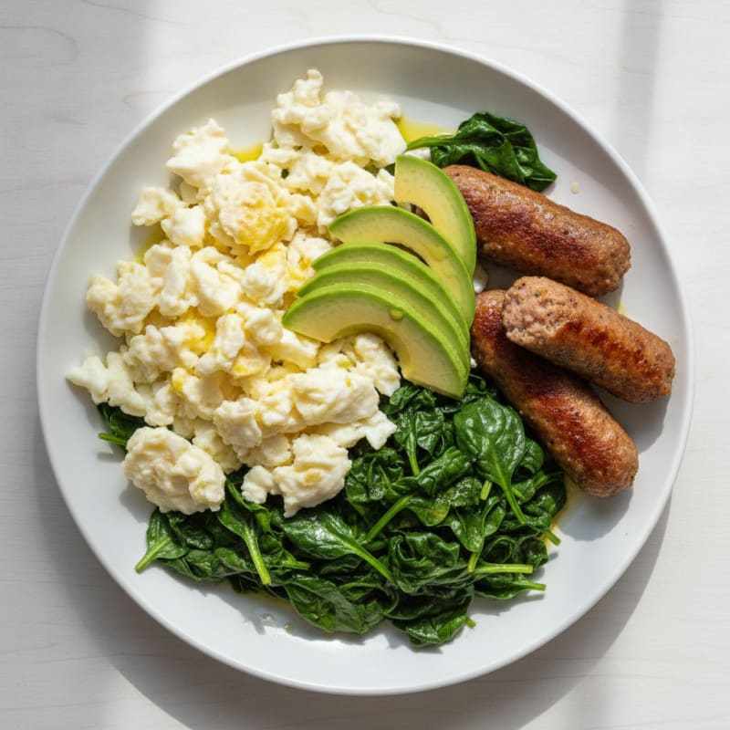Scrambled Egg Whites with Turkey Sausage and Sautéed Spinach