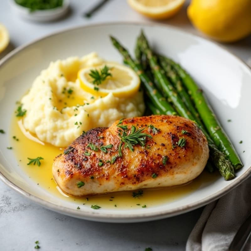 Juicy Lemon-Herb Roasted Chicken with Creamy Buttery Garlic Mashed Potatoes and Tender Roasted Asparagus