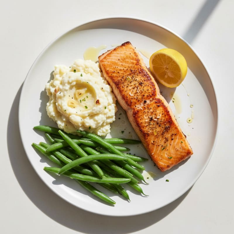 Seared Salmon with Steamed Green Beans and Garlic Mashed Cauliflower
