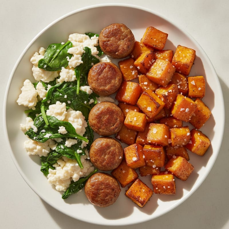 Egg White and Spinach Scramble with Turkey Sausage and Roasted Sweet Potato