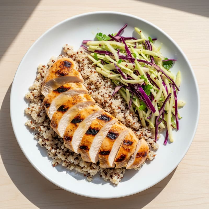 Grilled Chicken Breast with Crunchy Cabbage Slaw and Quinoa