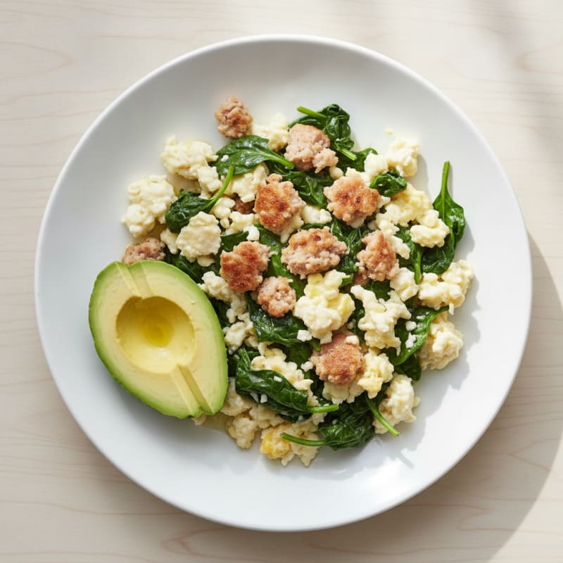 Egg White Scramble with Turkey Sausage and Sautéed Spinach