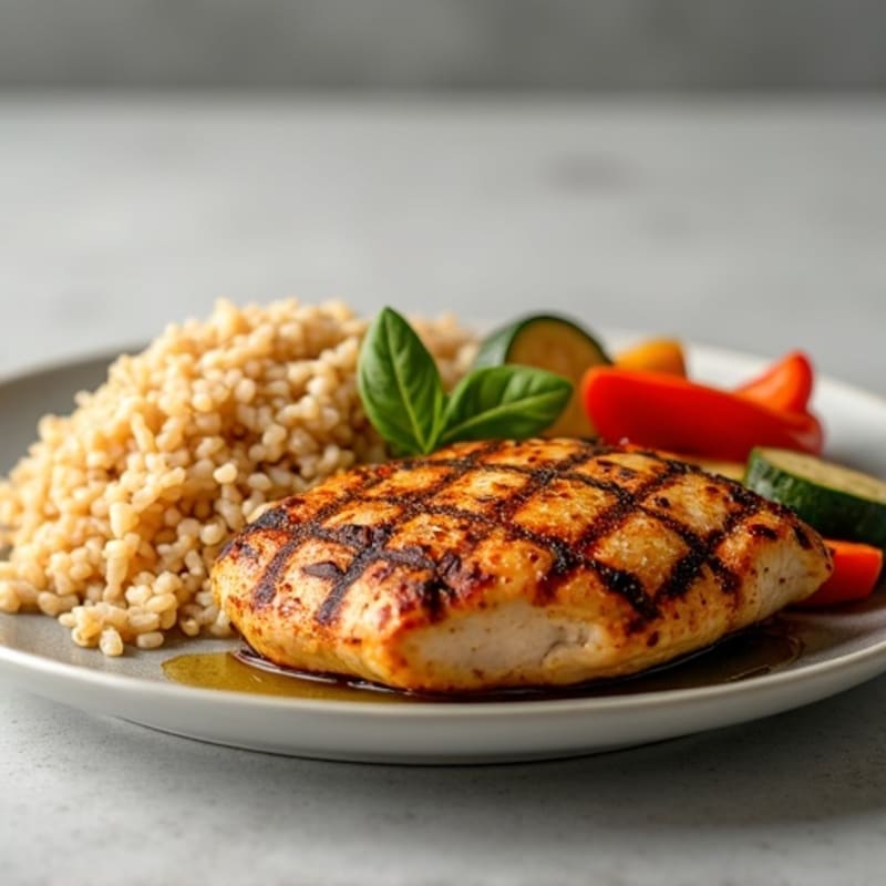 Grilled Chicken with Brown Rice and Roasted Vegetables