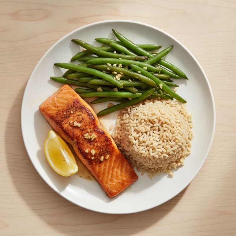 Seared Salmon Fillet with Garlic Green Beans and Brown Rice