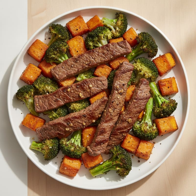 Seared Lean Beef Strips with Roasted Broccoli and Sweet Potato