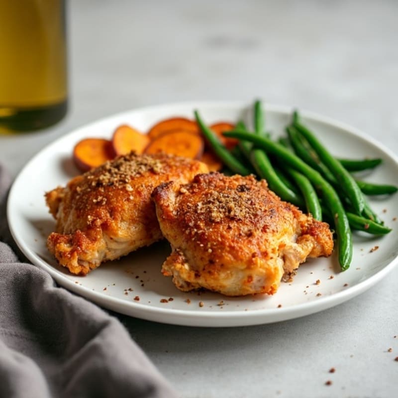 Crispy Baked Chicken Thighs with Roasted Sweet Potatoes and Garlic Green Beans