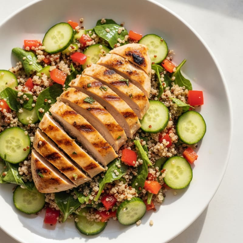 Grilled Chicken Breast and Quinoa Salad with Crunchy Vegetables