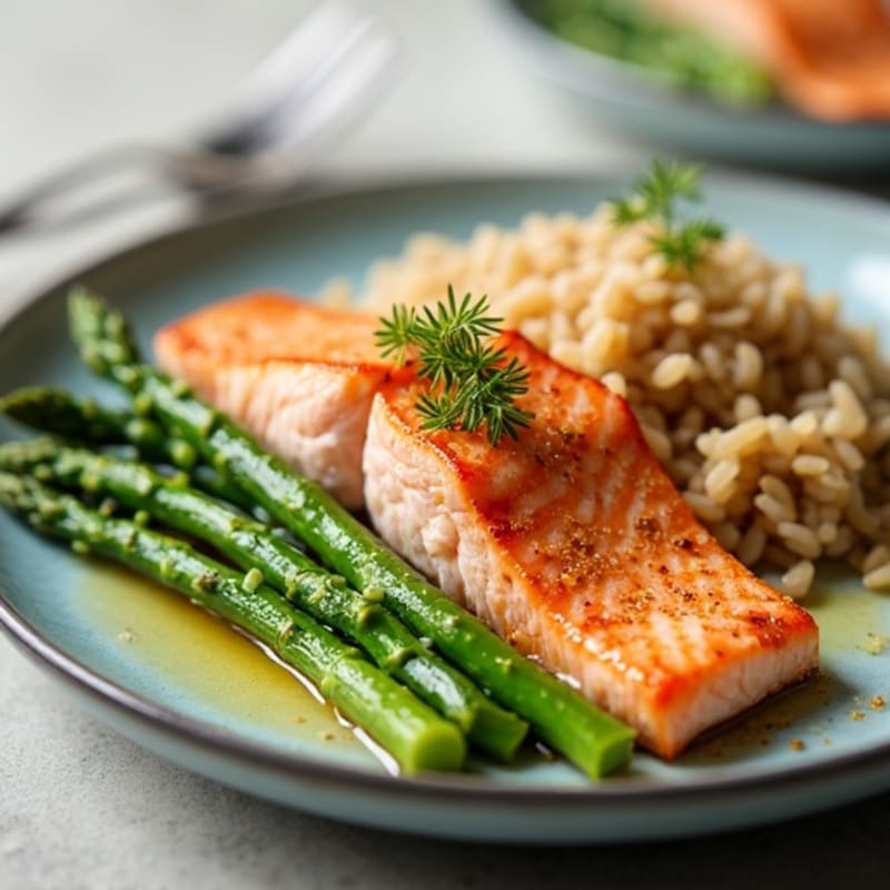 Seared Salmon Fillet with Steamed Asparagus and Brown Rice