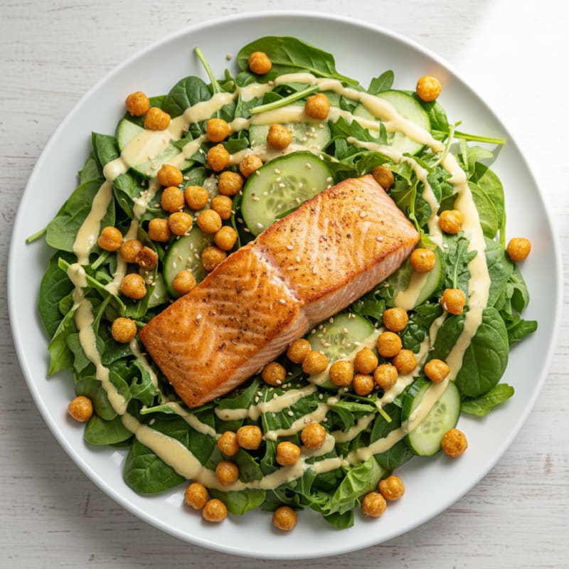 Seared Salmon Salad with Crunchy Chickpeas and Lemon-Tahini Dressing