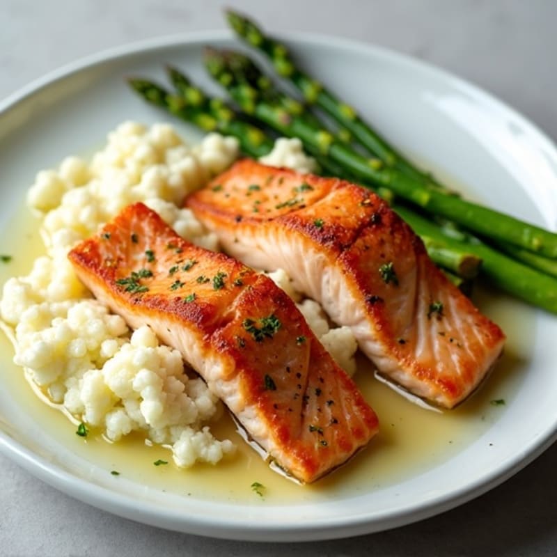 Seared Salmon with Steamed Asparagus and Cauliflower Mash