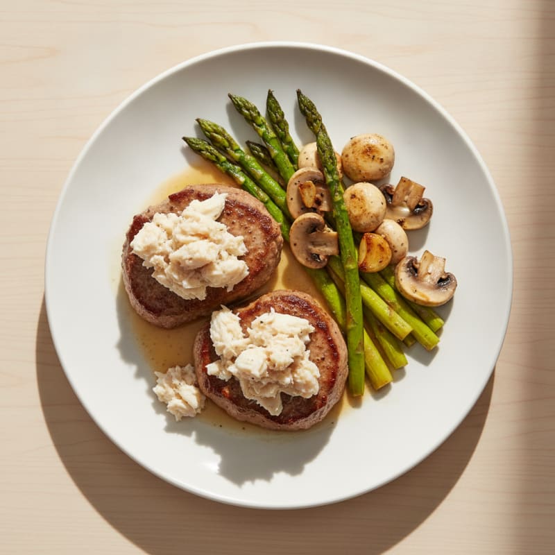 Pan-Seared Beef Veal with Roasted Asparagus and Garlic Mushrooms