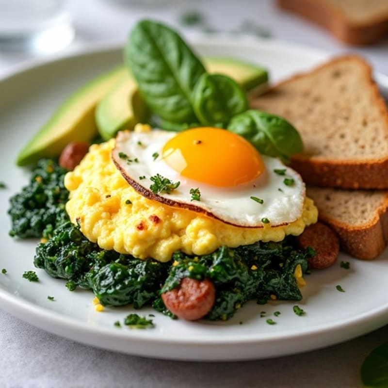 Egg White Scramble with Chicken Sausage and Sautéed Spinach
