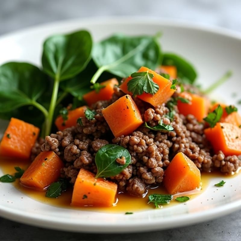 Lean Ground Beef Skillet with Roasted Sweet Potatoes and Spinach