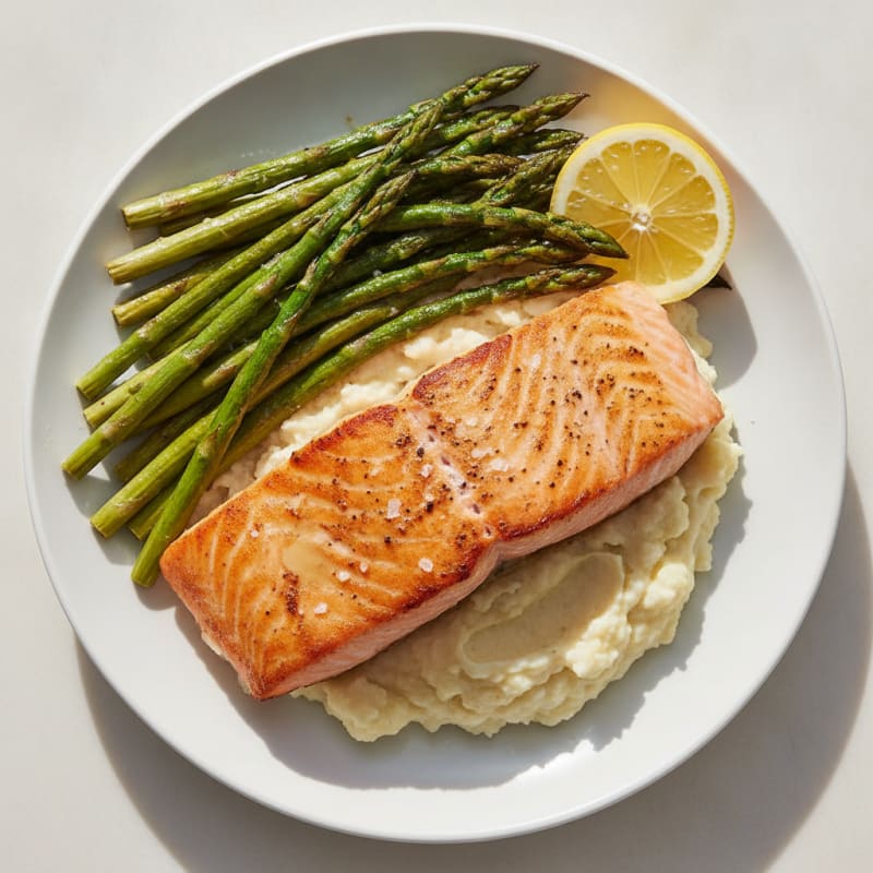 Seared Salmon with Roasted Asparagus and Cauliflower Mash