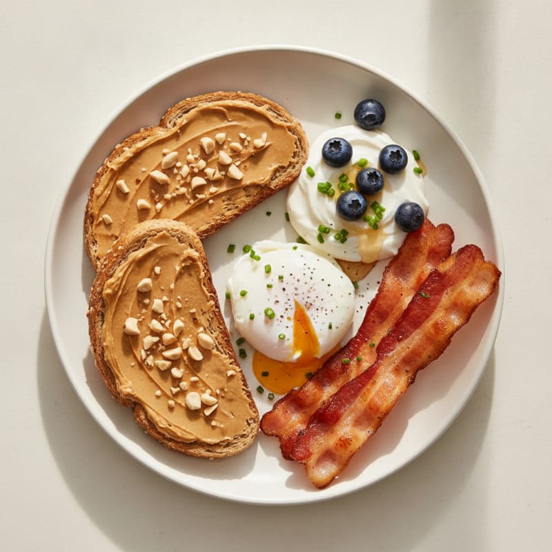 Egg and Bacon Toast with Peanut Butter and Chobani Yogurt