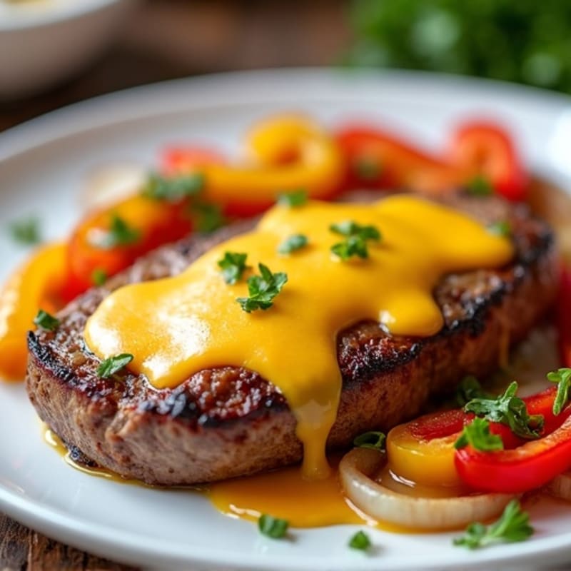Cheesy Pan-Seared Steak with Sautéed Bell Peppers and Onions