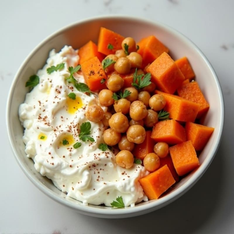 Creamy Cottage Cheese Bowl with Roasted Sweet Potatoes and Crispy Chickpeas