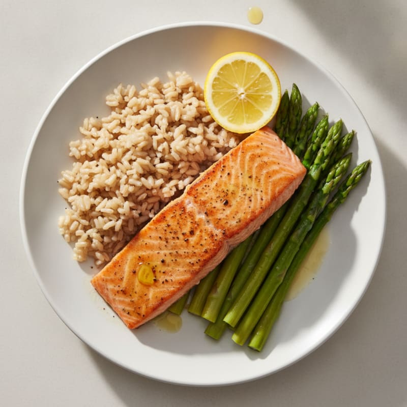 Seared Salmon with Steamed Asparagus and Brown Rice
