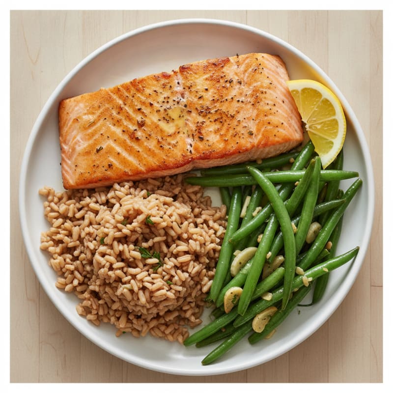 Seared Salmon with Garlic Green Beans and Brown Rice