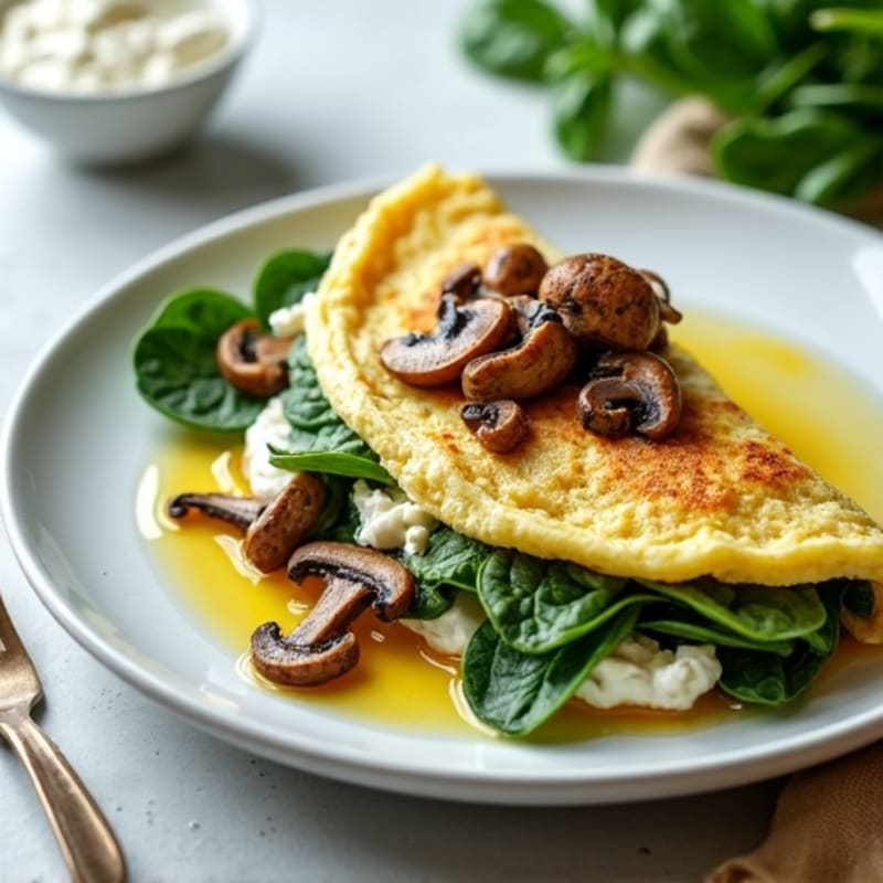 Egg White Spinach Omelette with Cottage Cheese and Sautéed Mushrooms