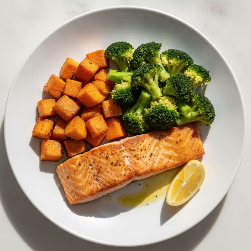 Seared Salmon with Roasted Sweet Potatoes and Steamed Broccoli